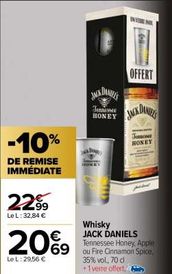 JACK DANIELS Whisky - Tennessee Honey, Apple ou Fire Cinnamon Spice, 35% vol., 70 cl + 1 verre offert.