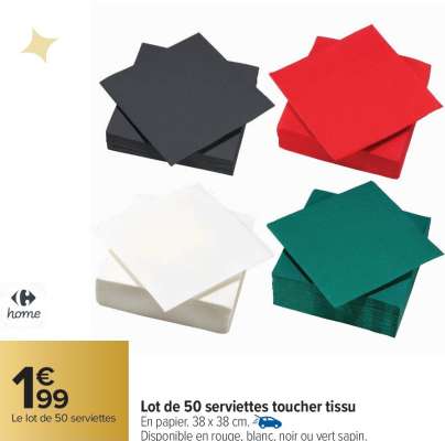 CARREFOUR HOME Lot de 50 serviettes toucher tissu - En papier. 38 x 38 cm.