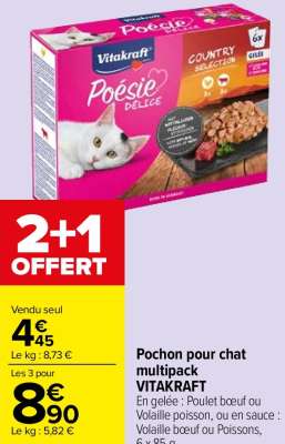 VITAKRAFT Pochon pour chat multipack - En gelée : Poulet bœuf ou Volaille poisson, ou en sauce : Volaille bœuf ou Poissons, 6 x 85 g.