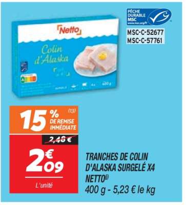 TRANCHES DE COLIN D'ALASKA SURGELÉ X4 NETTO