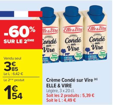 ELLE & VIRE Crème Condé sur Vire - Légère, 3 x 20 cl. ORIGINE FRANCE