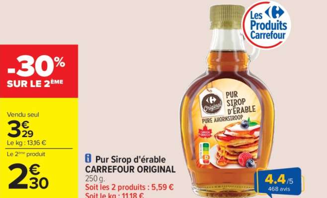 CARREFOUR ORIGINAL Pur Sirop d'érable - 250 g.