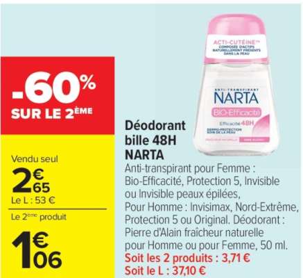 NARTA Déodorant bille 48H - Anti-transpirant pour Femme : Bio-Efficacité, Protection 5, Invisible ou Invisible peaux épilées, Pour Homme : Invisimax, Nord-Extrême, Protection 5 ou Original. Déodorant : Pierre d'Alain fraîcheur naturelle pour Homme ou pour Femme, 50 ml.