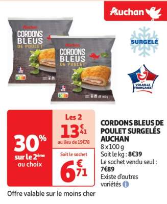 Cordons Bleus De Poulet Surgelés Auchan - 8 x 100 g