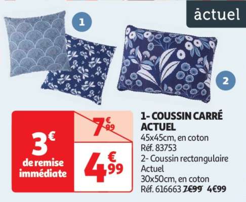 1- Coussin Carré Actuel - 45x45cm, en coton
Réf. 83753
2- Coussin rectangulaire Actuel
30x50cm, en coton
Réf. 616663 7€99 4€99