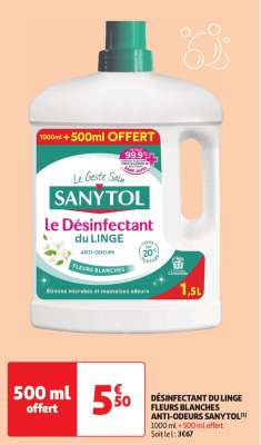 Désinfectant Du Linge Fleurs Blanches Anti-Odeurs Sanytol - 1000 ml + 500 ml offert