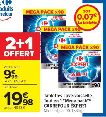 CARREFOUR EXPERT Tablettes lave-vaisselle Tout en 1 "Méga Pack" - Standard, par 90, 1,53 kg.