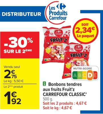 CARREFOUR CLASSIC' Bonbons tendres aux fruits Fruit'z - 500 g.