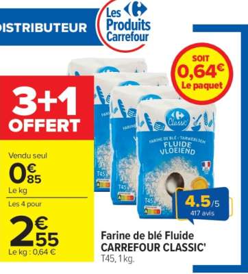 CARREFOUR CLASSIC' Farine de blé Fluide - T45, 1 kg.