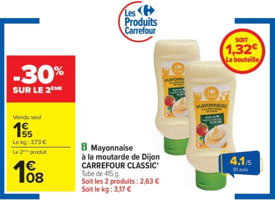 CARREFOUR CLASSIC' Mayonnaise à la moutarde de Dijon - Tube de 415 g.