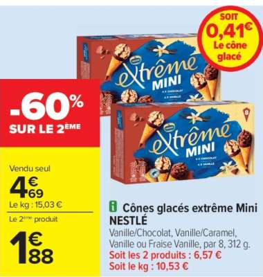 NESTLÉ Cônes glacés extrême Mini - Vanille/Chocolat, Vanille/Caramel, Vanille ou Fraise Vanille, par 8, 312 g.