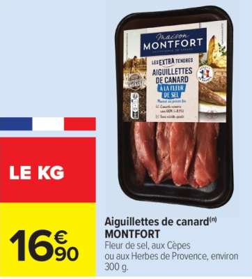 MONTFORT Aiguillettes de canard - Fleur de sel, aux Cèpes ou aux Herbes de Provence, environ 300 g. ORIGINE FRANCE