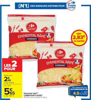 CARREFOUR CLASSIC' Emmental râpé - 29% M.G. dans le produit fini, 350 g. LAIT ORIGINE FRANCE