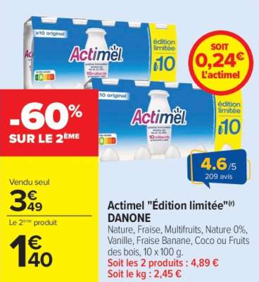 Danone Actimel "Edition limitée" - Nature, Fraise, Multifruits, Nature 0%, Vanille, Fraise Banane, Coco ou Fruits des bois, 10 x 100 g. TRANSFORMÉ EN BELGIQUE OU ESPAGNE