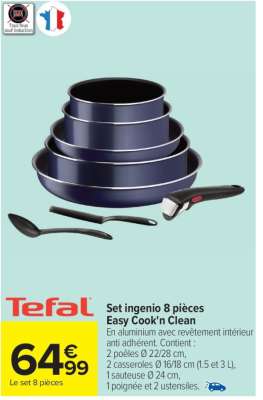 TEFAL Set ingenio 8 pièces Easy Cook'n Clean - En aluminium avec revêtement intérieur anti adhérent. Contient : 2 poêles Ø 22/28 cm, 2 casseroles Ø 16/18 cm (1.5 et 3 L), 1 sauteuse Ø 24 cm, 1 poignée et 2 ustensiles.