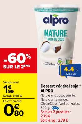 ALPRO Dessert végétal soja - Nature à la coco, Vanille, Nature à l'amande, Citron/Citron Vert ou Fraise, 500 g. TRANSFORMÉ EN BELGIQUE