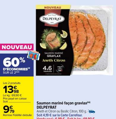 DELPEYRAT Saumon mariné façon gravlax - Aneth et Citron ou Basilic Citron, 100 g. ORIGINE NORVÈGE