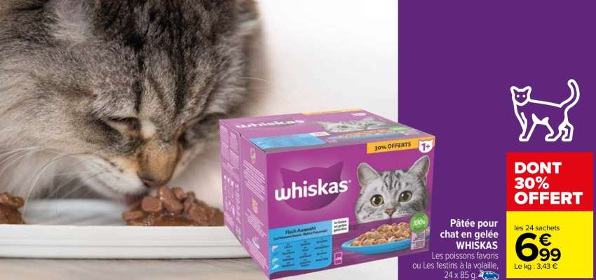 WHISKAS Pâtée pour chat en gelée - Les poissons favoris ou Les festins à la volaille, 24 x 85 g.