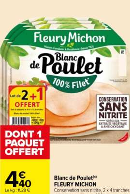 FLEURY MICHON Blanc de Poulet - Conservation sans nitrite, 2 x 4 tranches + 4 tranches offertes, 390 g. TRANSFORMÉ EN FRANCE