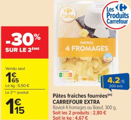 CARREFOUR EXTRA Pâtes fraiches fourrées - Ravioli 4 fromages ou Bœuf, 300 g. FABRIQUÉ EN ITALIE