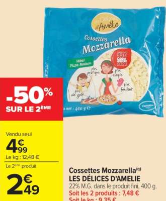 LES DÉLICES D'AMELIE Cossettes Mozzarella - 22% M.G. dans le produit fini, 400 g. TRANSFORMÉ EN UNION EUROPÉENNE