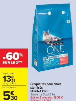 PURINA ONE Croquettes pour chats stérilisés - Saumon ou Bœuf, 3 kg.