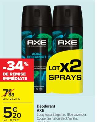 AXE Déodorant - Spray Aqua Bergamot, Blue Lavender, Copper Santal ou Black Vanilla, 2 x 150 ml.