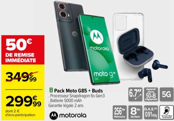 MOTOROLA Pack Moto G85 + Buds - . Processeur Snapdragon 6s Gen3
. Batterie 5000 mAh