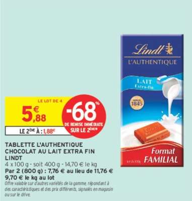 LINDT  TABLETTE L'AUTHENTIQUE CHOCOLAT AU LAIT EXTRA FIN