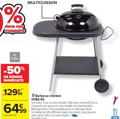 HYBA Barbecue charbon HYBA K5 - Sur roues. Cuve en acier émaillé. Grille acier chromé Ø 55 cm. Couvercle de cuisson en acier émaillé avec thermomètre. Montage facile. Cuve amovible pour un nettoyage facile. Ce barbecue offre différents types de cuisson, vous pourrez ainsi varier celles-ci et vous régaler !