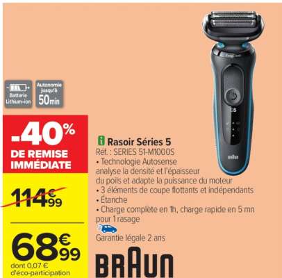 BRAUN Rasoir Séries 5 - Ref : SERIES 51-M1000S.  • Technologie Autosense analyse la densité et l'épaisseur du poils et adapte la puissance du moteur
• 3 éléments de coupe flottants et indépendants
• Étanche
• Charge complète en 1h, charge rapide en 5 mn pour 1 rasage