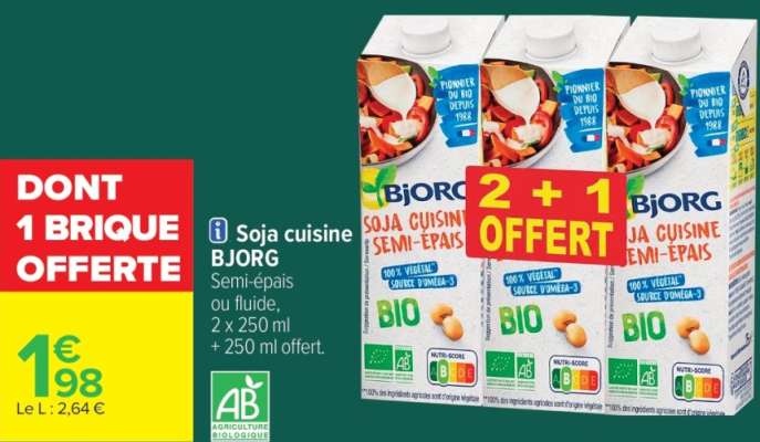 BJORG Soja cuisine - Semi-épais ou fluide, 2 x 250 ml + 250 ml offert.