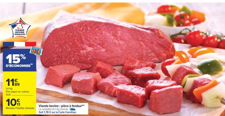 Viande bovine : pièce à fondue - La caissette de 1 kg environ. ORIGINE FRANCE Du mardi 7 au lundi 13 janvier