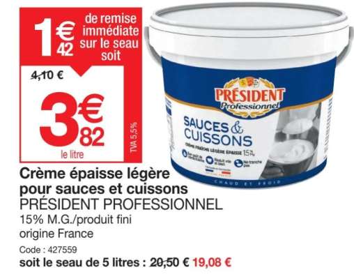 Crème épaisse légère pour sauces et cuissons PRÉSIDENT PROFESSIONNEL