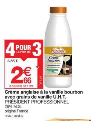 Crème anglaise à la vanille bourbon avec grains de vanille U.H.T. PRÉSIDENT PROFESSIONNEL