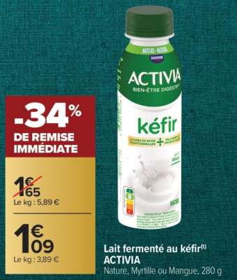 ACTIVIA Lait fermenté au kéfir - Nature, Myrtille ou Mangue, 280 g. TRANSFORMÉ EN FRANCE