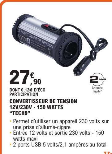 CONVERTISSEUR DE TENSION 12V/230V - 150 WATTS “TECH9”