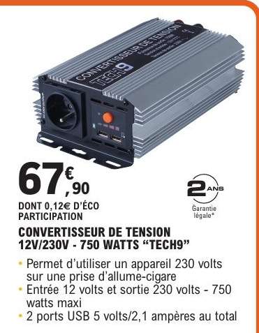 CONVERTISSEUR DE TENSION 12V/230V - 750 WATTS “TECH9”