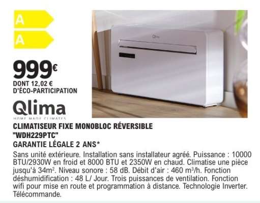 Climatiseur Fixe Monobloc Réversible "WDH229PTC"