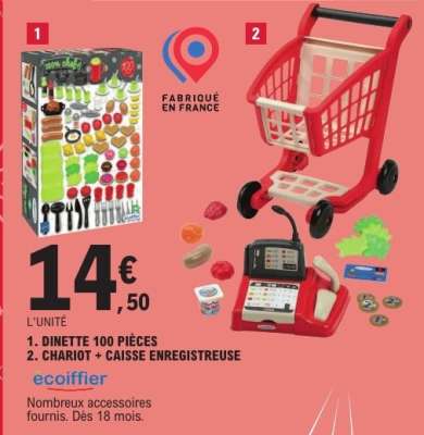 1. Dinette 100 pièces, 2. Chariot + caisse enregistreuse