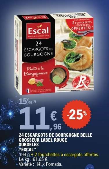 24 ESCARGOTS DE BOURGOGNE BELLE GROSSEUR LABEL ROUGE SURGELÉS “ESCAL”