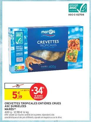 CREVETTES TROPICALES ENTIÈRES CRUES ASC SURGELÉES MARES®