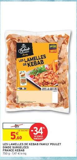 LES LAMELLES DE KEBAB FAMILY POULET DINDE SURGELÉES