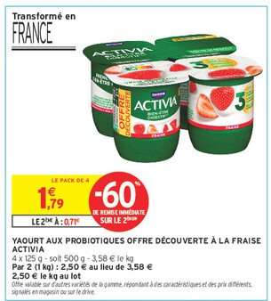 YAOURT AUX PROBIOTIQUES OFFRE DÉCOUVERTE À LA FRAISE ACTIVIA