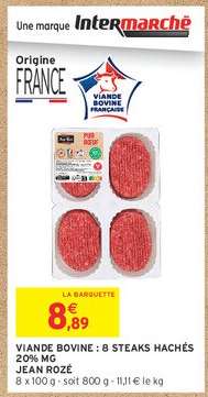 VIANDE BOVINE : 8 STEAKS HACHÉS 20% MG JEAN ROZÉ