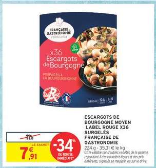 ESCARGOTS DE BOURGOGNE MOYEN LABEL ROUGE X36 SURGELES FRANCAISE DE GASTRONOMIE