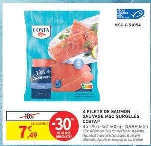 4 filets de saumon sauvage MSC surgelés Costa