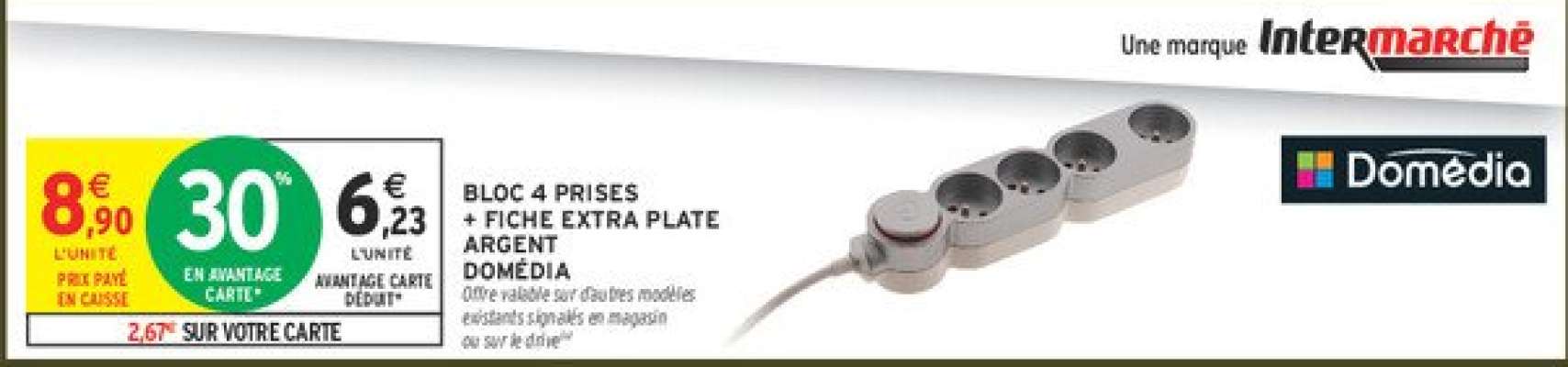 Bloc 4 prises + fiche extra plate argent Domédia