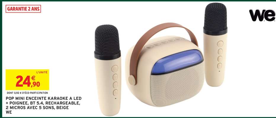 POP MINI ENCEINTE KARAOKE A LED + POIGNEE, BT 5.4, RECHARGEABLE, 2 MICROS AVEC 5 SONS, BEIGE WE