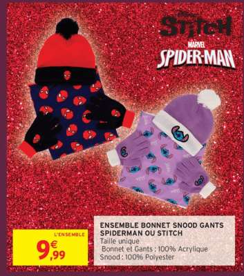 ENSEMBLE BONNET SNOOD GANTS SPIDERMAN OU STITCH